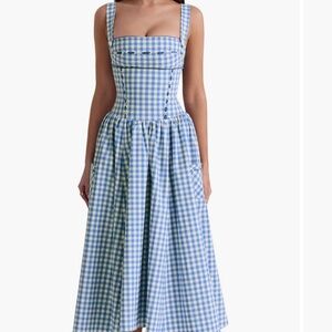 House of CB Sky Blue and White Checkered Midi Dress